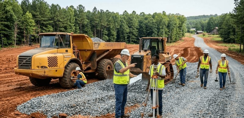 Eastman Gravel equipment working on a gravel driveway in Dodge County, Georgia